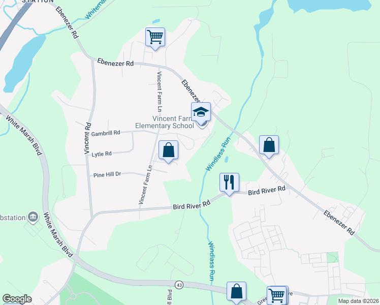 map of restaurants, bars, coffee shops, grocery stores, and more near 5934 Gambrill Circle in White Marsh