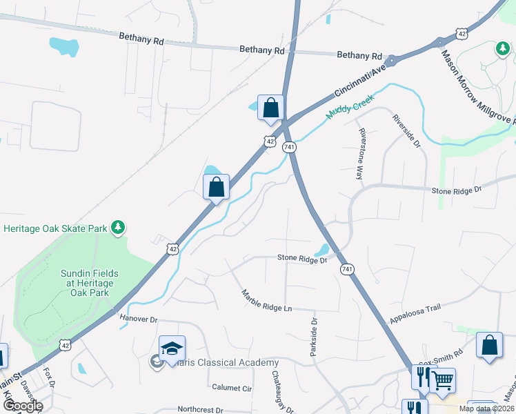 map of restaurants, bars, coffee shops, grocery stores, and more near 4109 Spyglass Hill in Mason