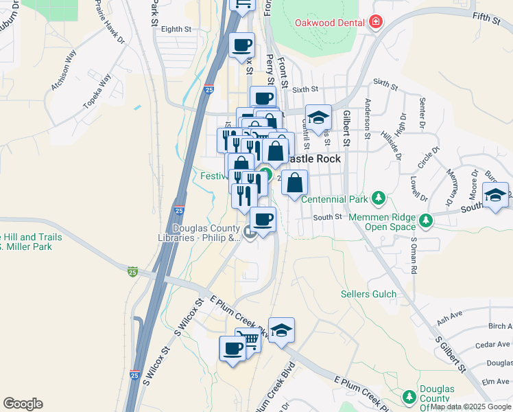 map of restaurants, bars, coffee shops, grocery stores, and more near 300 2nd Street in Castle Rock