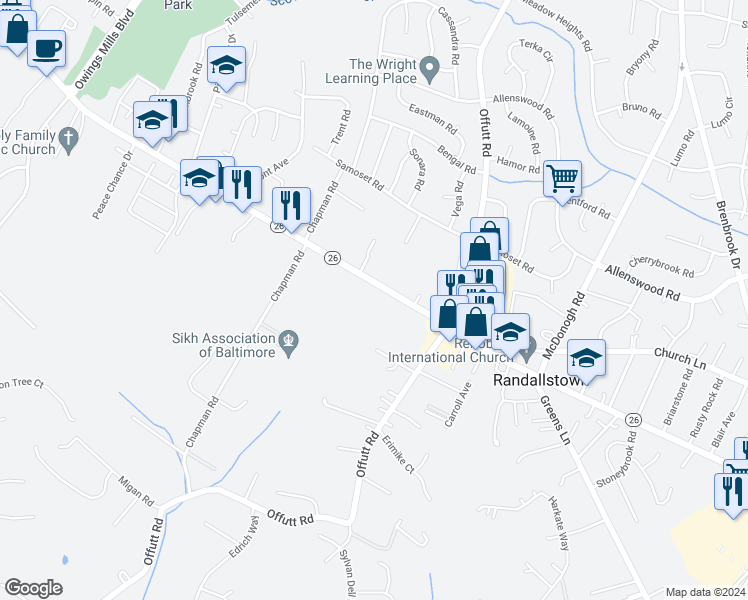 map of restaurants, bars, coffee shops, grocery stores, and more near 9131 Liberty Road in Randallstown