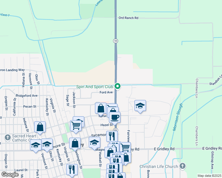 map of restaurants, bars, coffee shops, grocery stores, and more near 180 Ford Avenue in Gridley