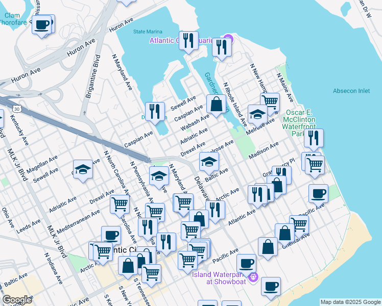 map of restaurants, bars, coffee shops, grocery stores, and more near 638 Drexel Avenue in Atlantic City
