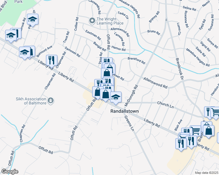 map of restaurants, bars, coffee shops, grocery stores, and more near 3637 Offutt Road in Randallstown