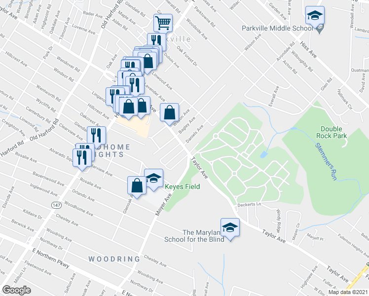 map of restaurants, bars, coffee shops, grocery stores, and more near Taylor Ave & Daniels Ave in Parkville