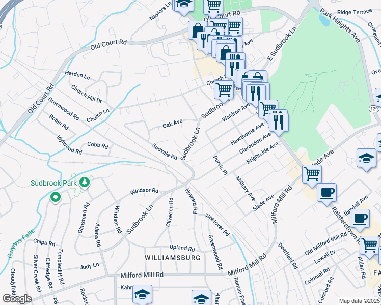 map of restaurants, bars, coffee shops, grocery stores, and more near 213 Sudbrook Lane in Pikesville