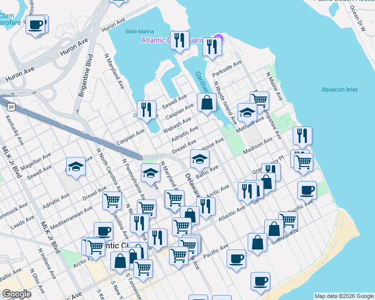 map of restaurants, bars, coffee shops, grocery stores, and more near 638 Drexel Avenue in Atlantic City