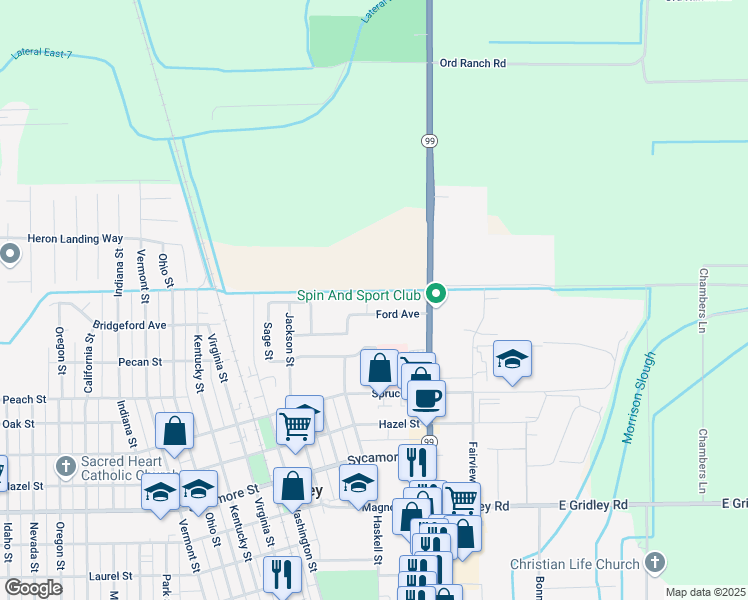 map of restaurants, bars, coffee shops, grocery stores, and more near 180 Ford Avenue in Gridley