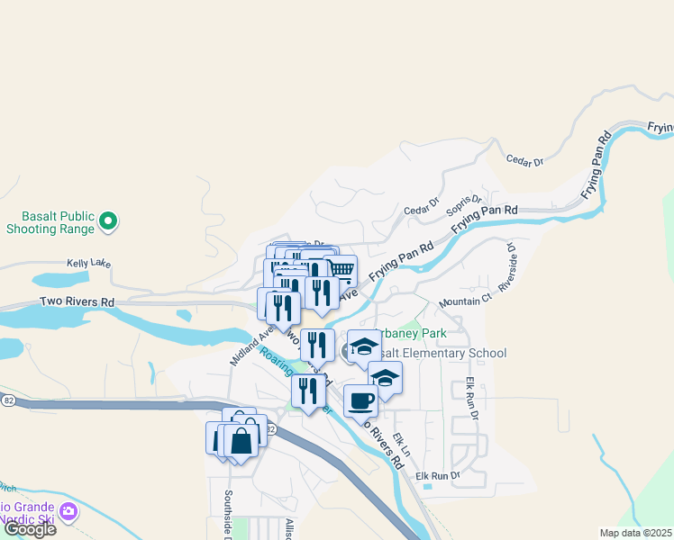 map of restaurants, bars, coffee shops, grocery stores, and more near 261 East Sopris Drive in Basalt