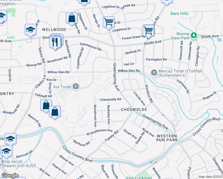 map of restaurants, bars, coffee shops, grocery stores, and more near 4701 Greenspring Avenue in Baltimore
