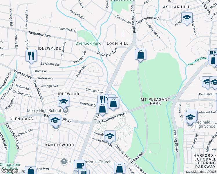 map of restaurants, bars, coffee shops, grocery stores, and more near Loch Raven Blvd & Walker Ave in Baltimore