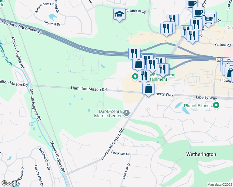 map of restaurants, bars, coffee shops, grocery stores, and more near 7047 Hamilton Mason Road in Butler County