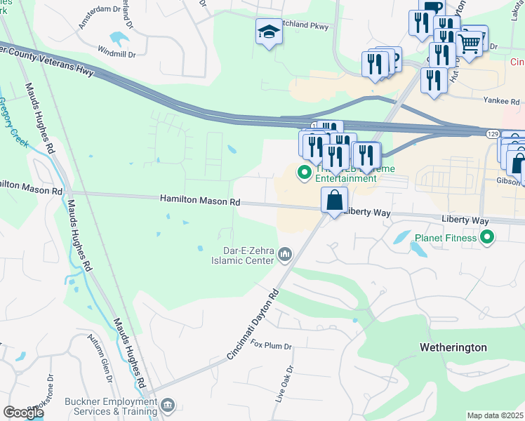 map of restaurants, bars, coffee shops, grocery stores, and more near 7047 Hamilton Mason Road in Butler County