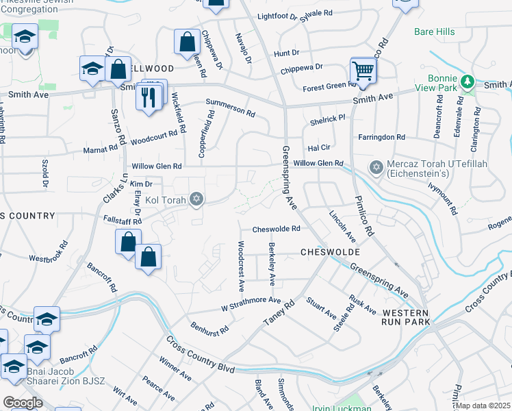 map of restaurants, bars, coffee shops, grocery stores, and more near 6313 Greenspring Avenue in Baltimore