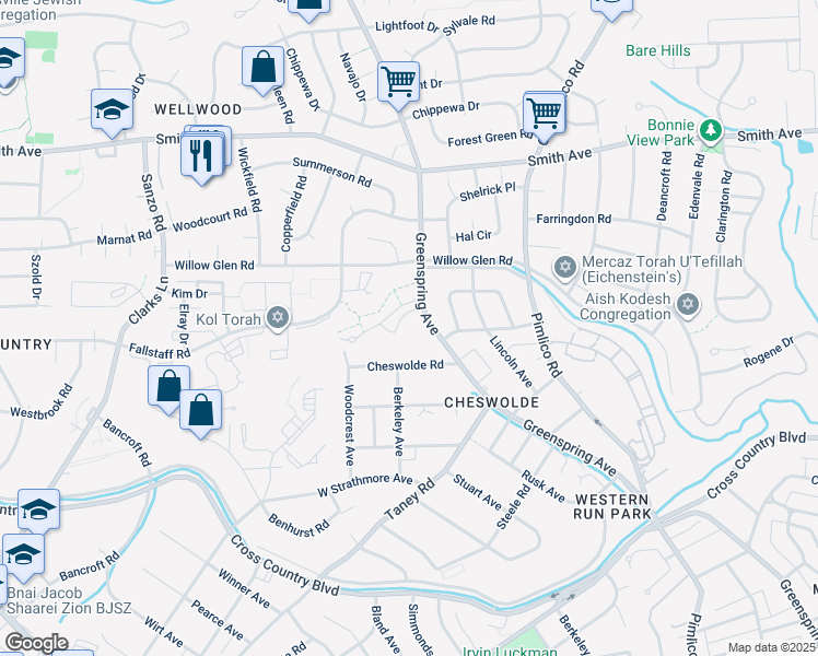 map of restaurants, bars, coffee shops, grocery stores, and more near 6310 Greenspring Avenue in Baltimore