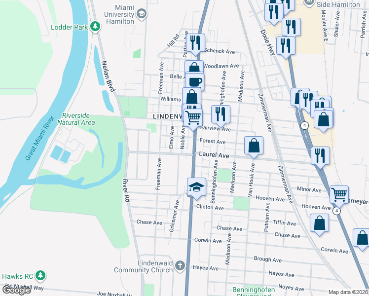 map of restaurants, bars, coffee shops, grocery stores, and more near 2650 Noble Avenue in Hamilton