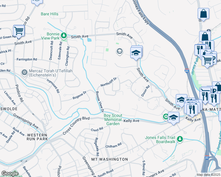 map of restaurants, bars, coffee shops, grocery stores, and more near 6102 Westcliff Drive in Baltimore