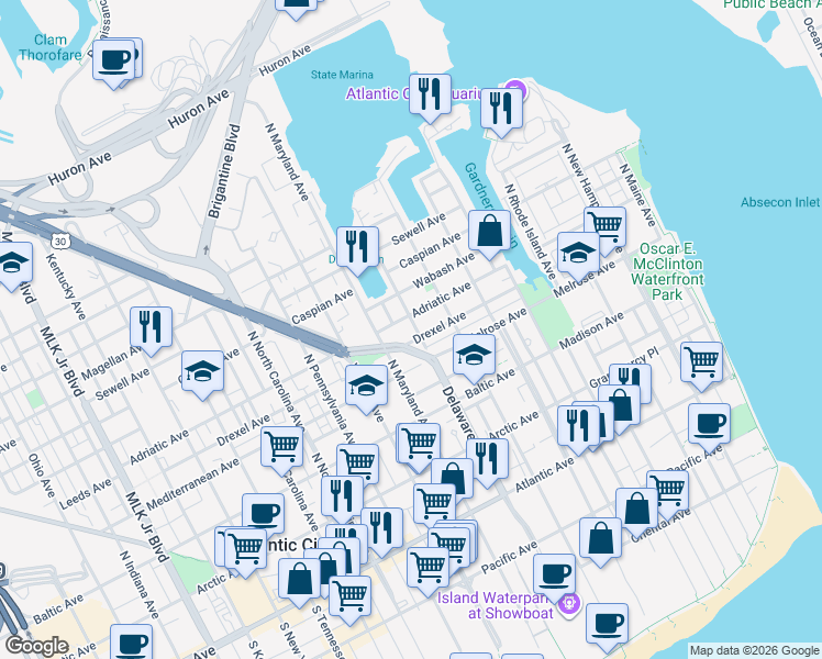 map of restaurants, bars, coffee shops, grocery stores, and more near 730 Adriatic Avenue in Atlantic City