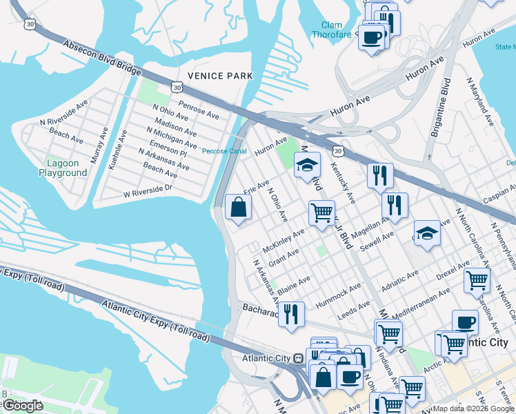 map of restaurants, bars, coffee shops, grocery stores, and more near 1142 North Michigan Avenue in Atlantic City