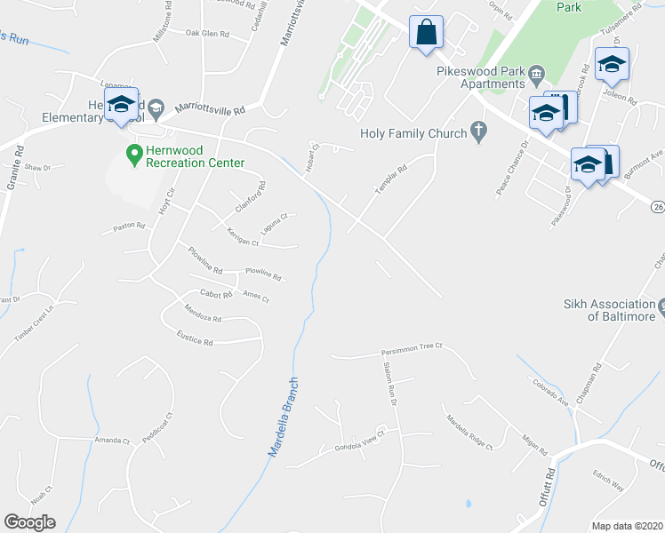 map of restaurants, bars, coffee shops, grocery stores, and more near 3500 Corn Stream Rd in Randallstown