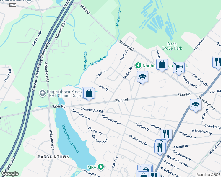 map of restaurants, bars, coffee shops, grocery stores, and more near 1119 Nugent Terrace in Northfield