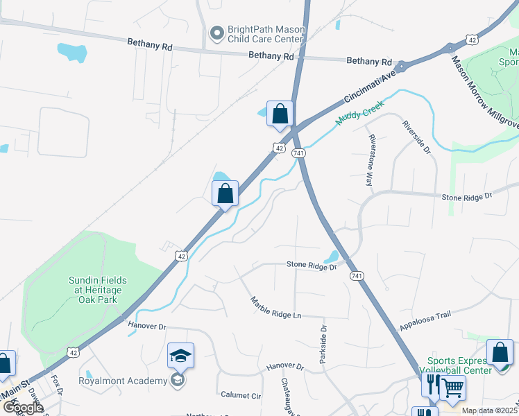 map of restaurants, bars, coffee shops, grocery stores, and more near 4116 Spanish Bay Drive in Mason