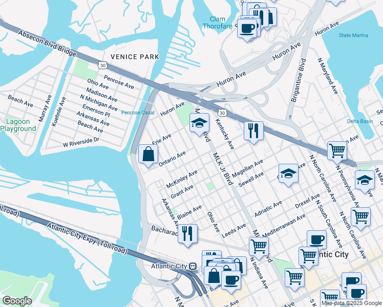 map of restaurants, bars, coffee shops, grocery stores, and more near 1800 Ontario Avenue in Atlantic City