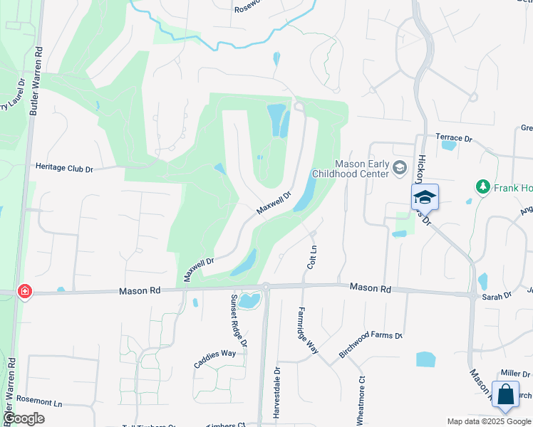 map of restaurants, bars, coffee shops, grocery stores, and more near 4744 Maxwell Drive in Mason