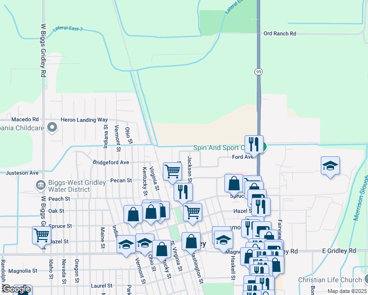 map of restaurants, bars, coffee shops, grocery stores, and more near 1071 Sage Street in Gridley