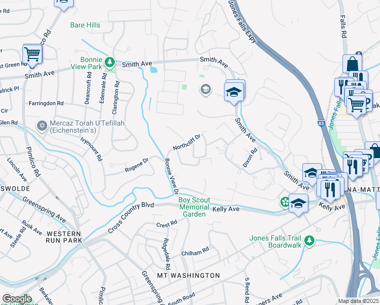 map of restaurants, bars, coffee shops, grocery stores, and more near 6102 Westcliff Drive in Baltimore