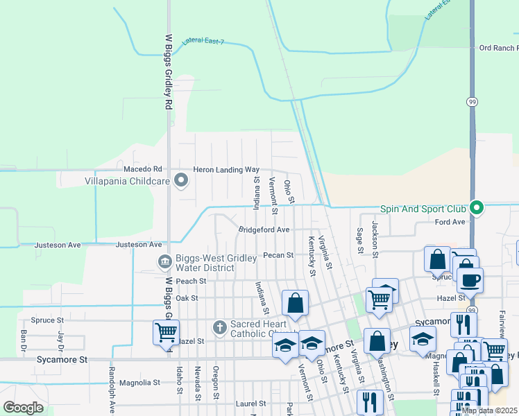 map of restaurants, bars, coffee shops, grocery stores, and more near 1190 Indiana Street in Gridley