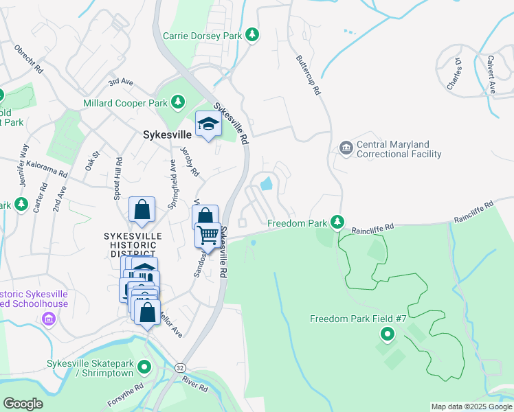 map of restaurants, bars, coffee shops, grocery stores, and more near 7600 Willow Bottom Road in Sykesville