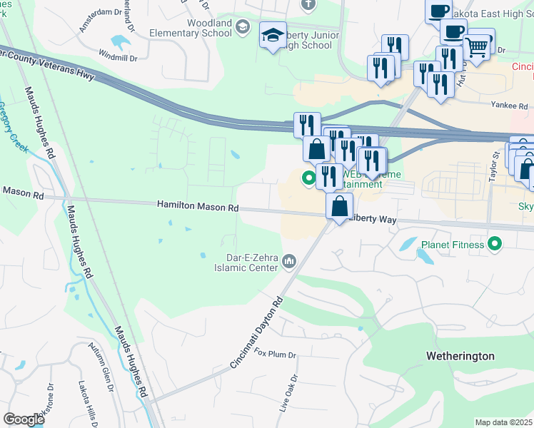 map of restaurants, bars, coffee shops, grocery stores, and more near 7047 Hamilton Mason Road in Butler County