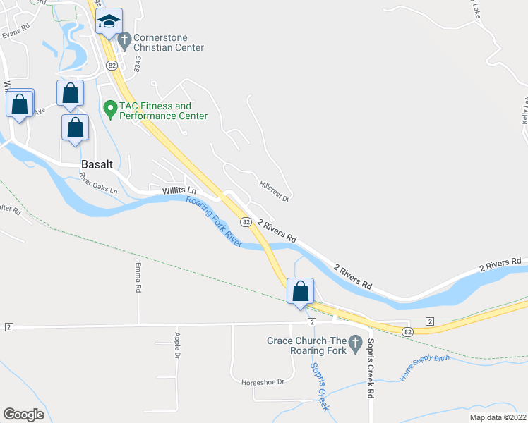 map of restaurants, bars, coffee shops, grocery stores, and more near 54 Silverado Drive in Basalt