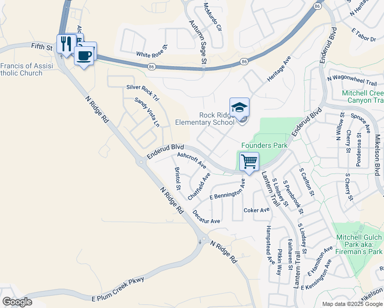 map of restaurants, bars, coffee shops, grocery stores, and more near 4227 Ashcroft Avenue in Castle Rock