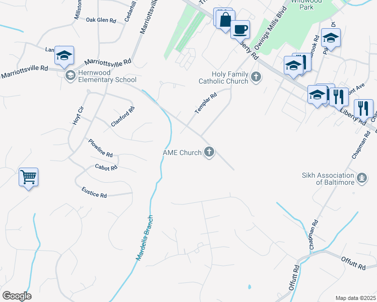 map of restaurants, bars, coffee shops, grocery stores, and more near 3534 Corn Stream Road in Randallstown