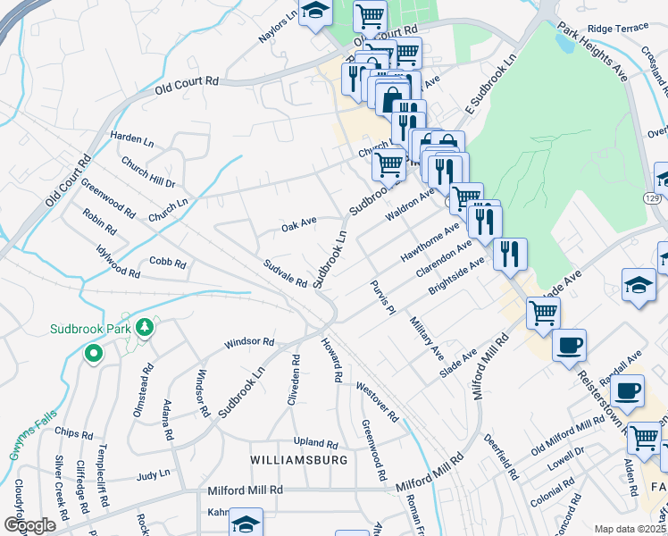 map of restaurants, bars, coffee shops, grocery stores, and more near 213 Sudbrook Lane in Pikesville