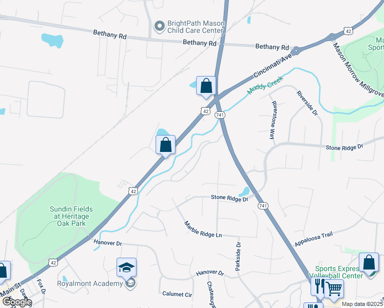 map of restaurants, bars, coffee shops, grocery stores, and more near 4108 Spanish Bay Drive in Mason