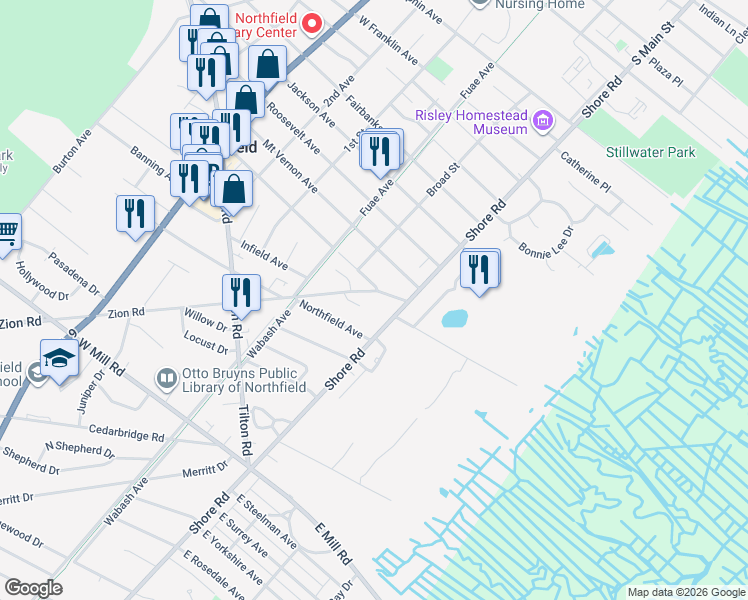 map of restaurants, bars, coffee shops, grocery stores, and more near 1214 Zion Road in Northfield