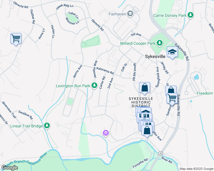 map of restaurants, bars, coffee shops, grocery stores, and more near 7410 2nd Avenue in Sykesville