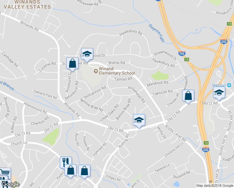 map of restaurants, bars, coffee shops, grocery stores, and more near 4716 Maryknoll Road in Pikesville