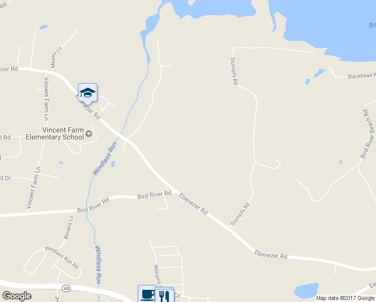 map of restaurants, bars, coffee shops, grocery stores, and more near 6158 Ebenezer Road in Middle River