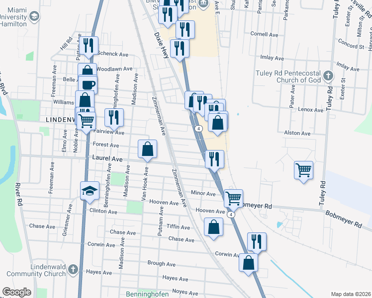 map of restaurants, bars, coffee shops, grocery stores, and more near 1040 Forest Avenue in Hamilton