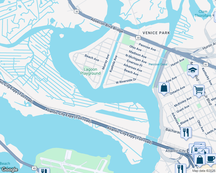 map of restaurants, bars, coffee shops, grocery stores, and more near 1670 West Riverside Drive in Atlantic City