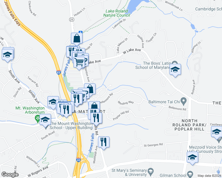 map of restaurants, bars, coffee shops, grocery stores, and more near 1105 Bryn Mawr Road in Baltimore