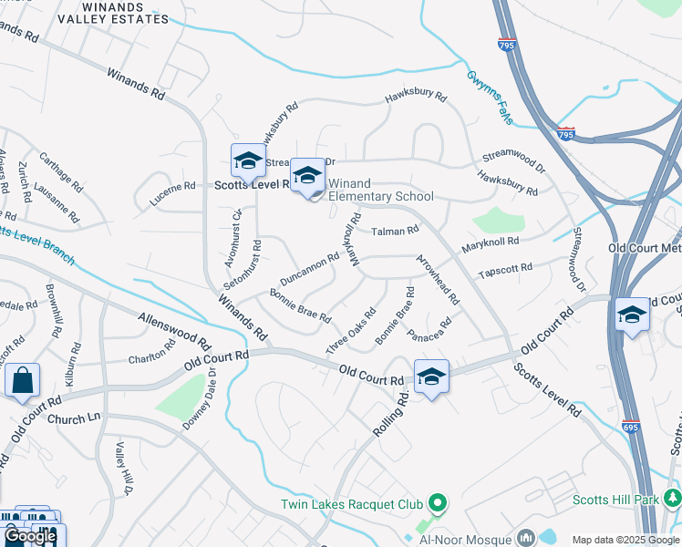 map of restaurants, bars, coffee shops, grocery stores, and more near 4705 Parmelee Road in Pikesville