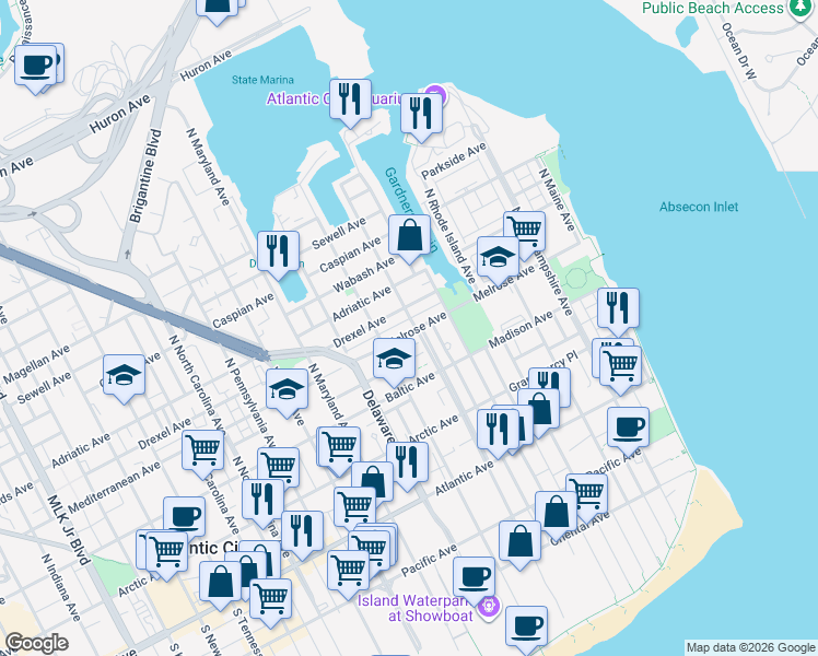 map of restaurants, bars, coffee shops, grocery stores, and more near 302 Connecticut Avenue in Atlantic City