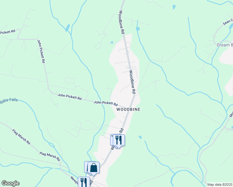 map of restaurants, bars, coffee shops, grocery stores, and more near 7400 Woodbine Road in Woodbine