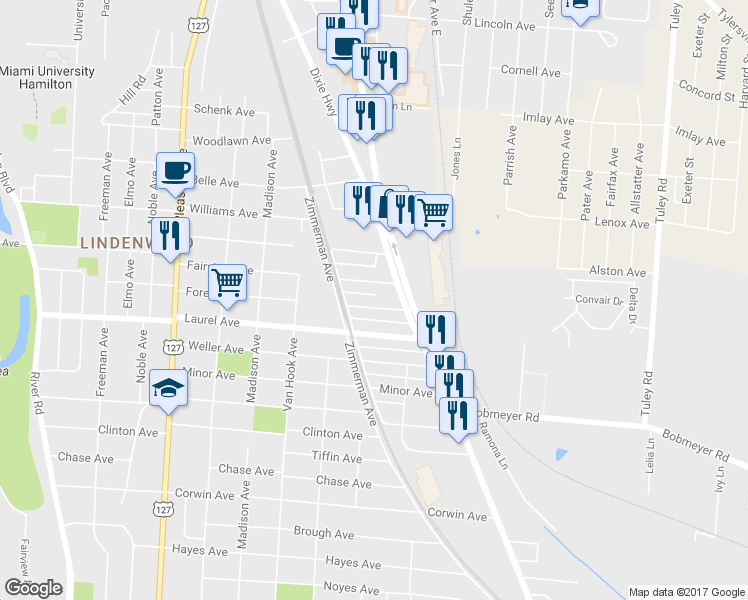 map of restaurants, bars, coffee shops, grocery stores, and more near 1040 Forest Ave in Hamilton
