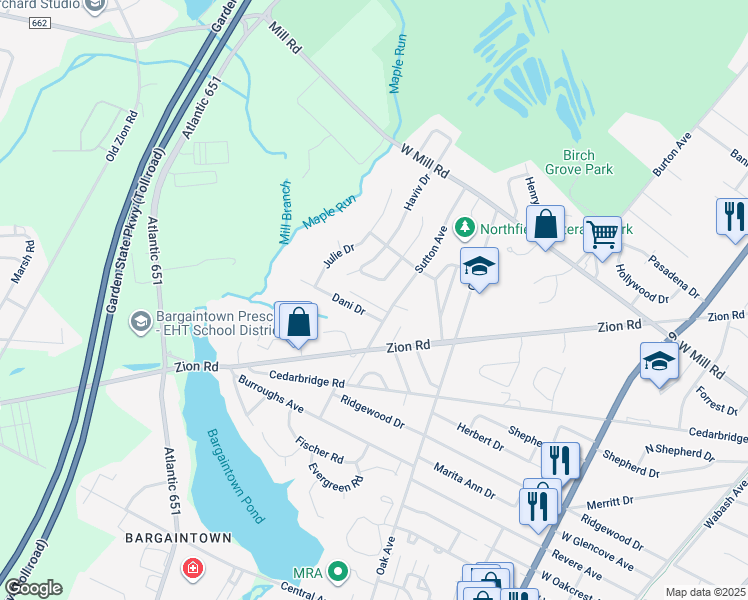 map of restaurants, bars, coffee shops, grocery stores, and more near 1100 Nugent Terrace in Northfield