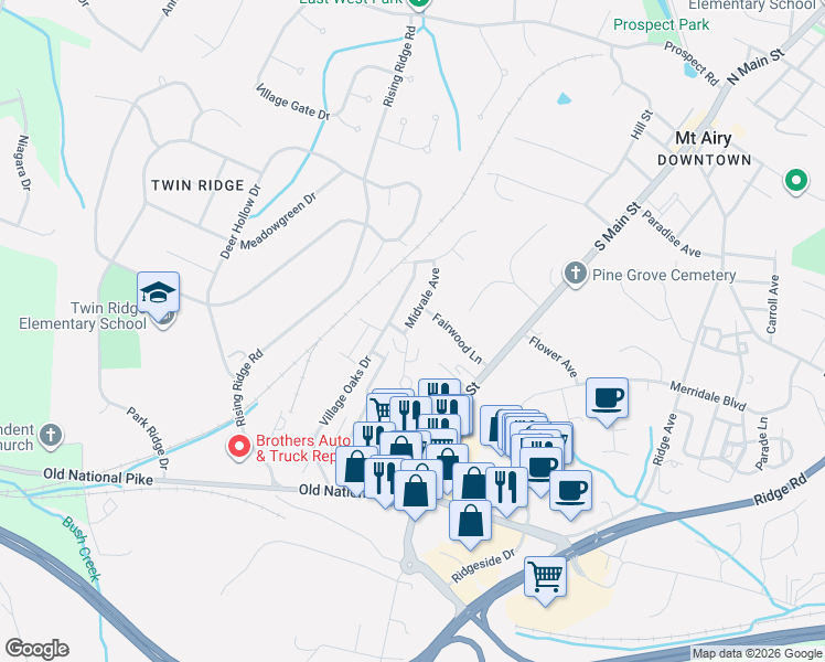 map of restaurants, bars, coffee shops, grocery stores, and more near 1103 Midvale Avenue in Mount Airy
